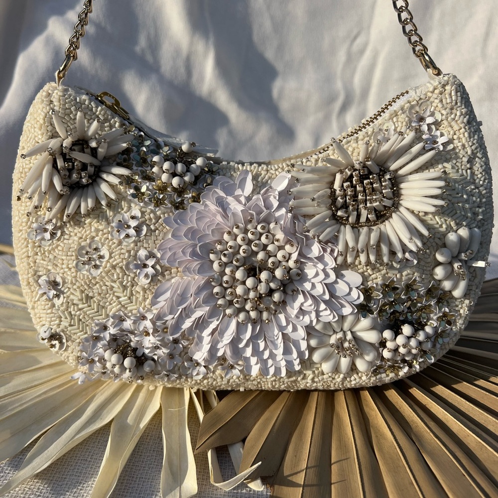 Viral White & Cream Flower Detail Moon Shape Beaded Shoulder Bag NWT